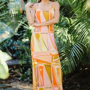 Jean Pierre Klifa Pink, Orange & Yellow Abstract Strappy Maxi Dress